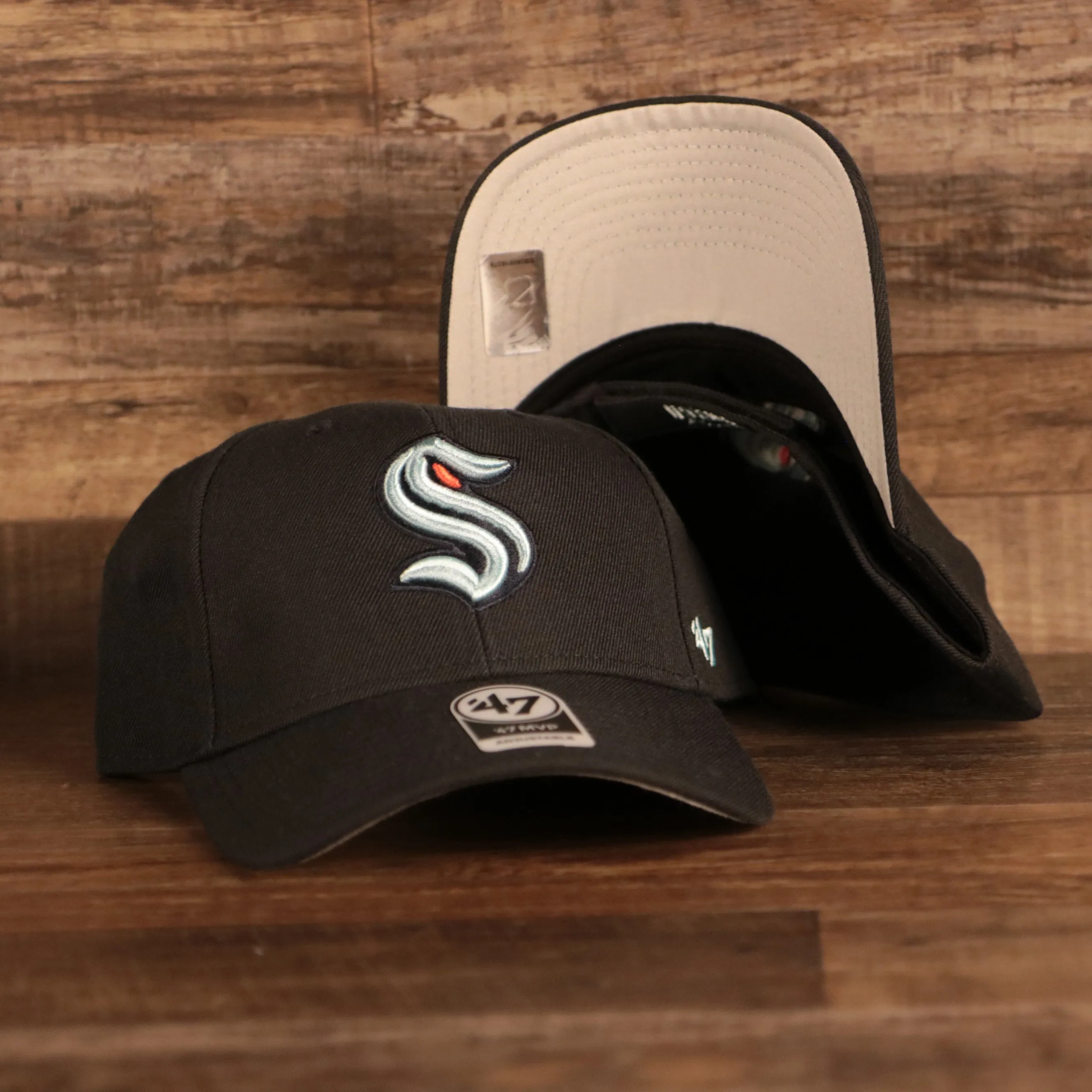 47 BRAND Seattle Kraken Cyan S Patch Front Velcro Adjustable MVP Dad Hat Gray Bottom Navy Blue OSFM