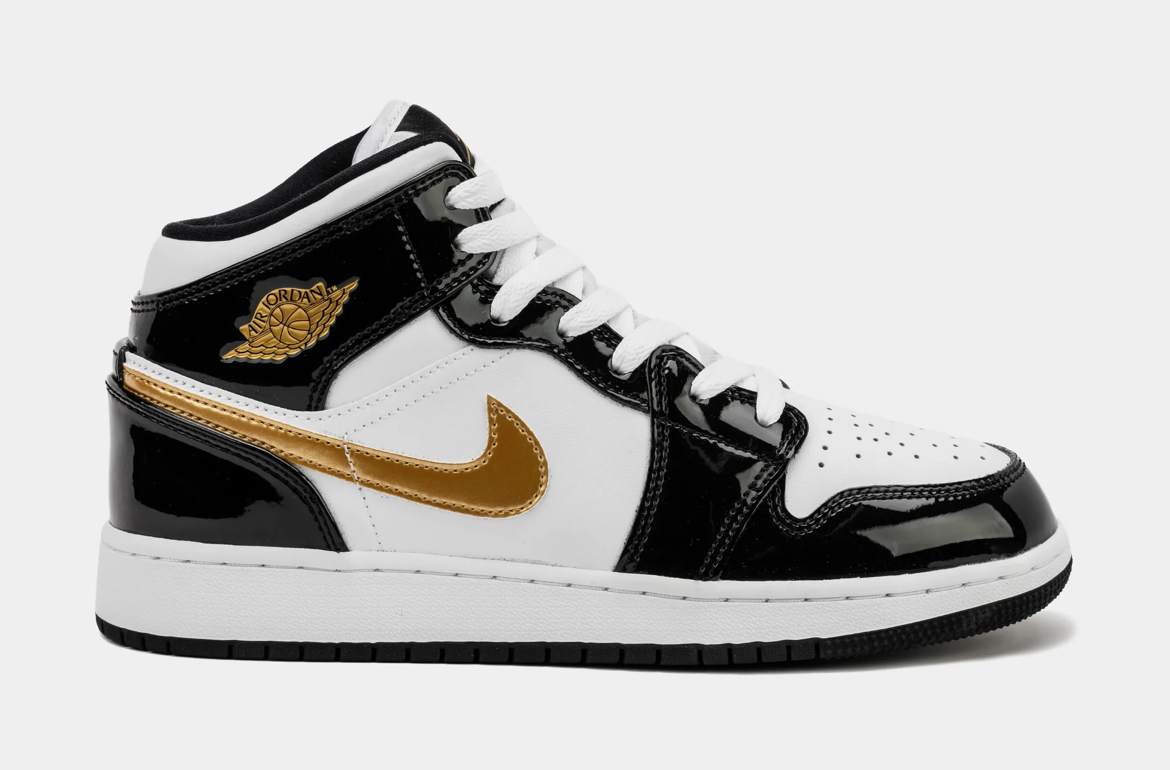 Air Jordan 1 Mid Patent Black Gold SE Shoes (Black/White/Metallic Gold) Grade School Lifestyle