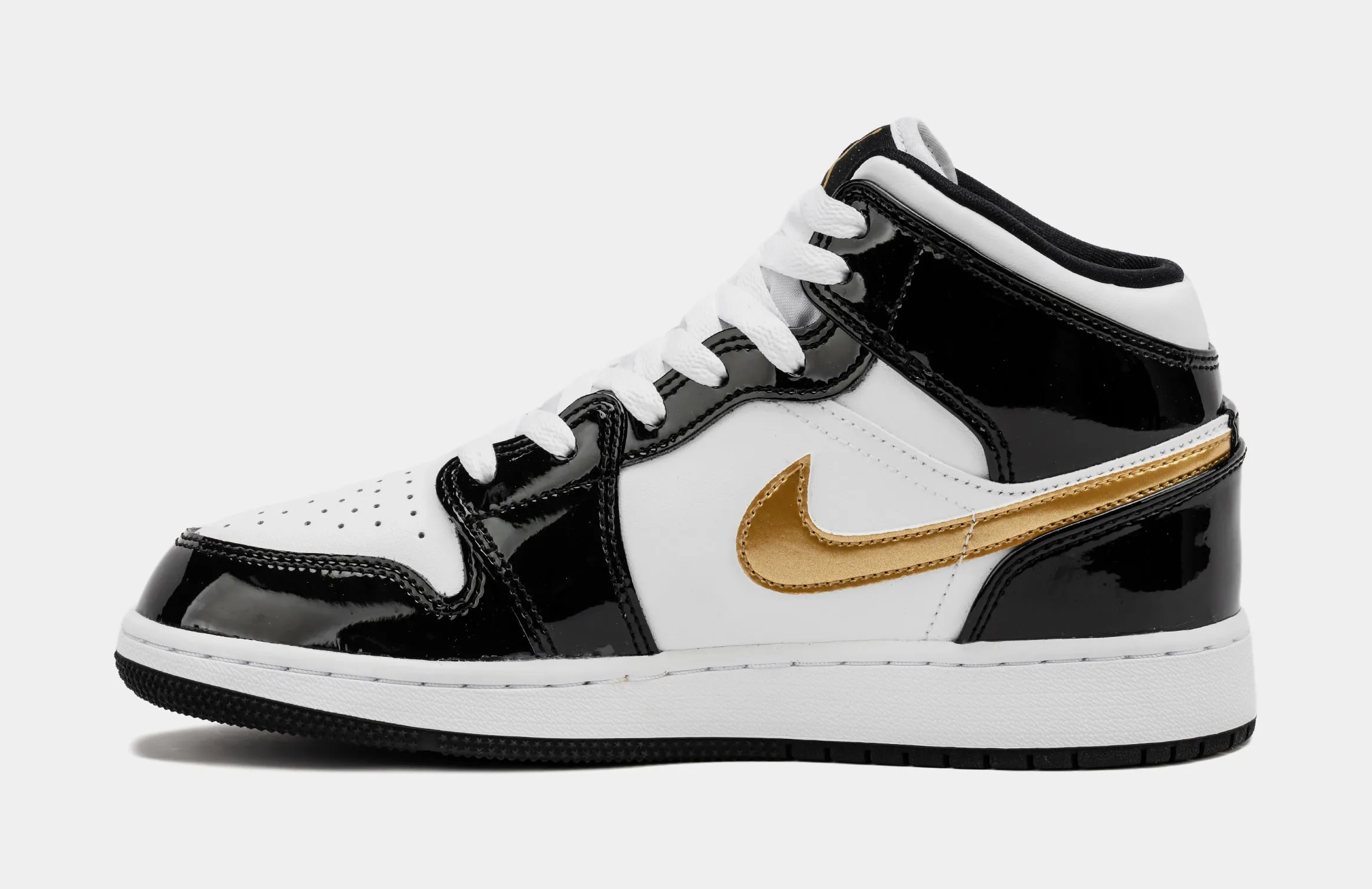 Air Jordan 1 Mid Patent Black Gold SE Shoes (Black/White/Metallic Gold) Grade School Lifestyle