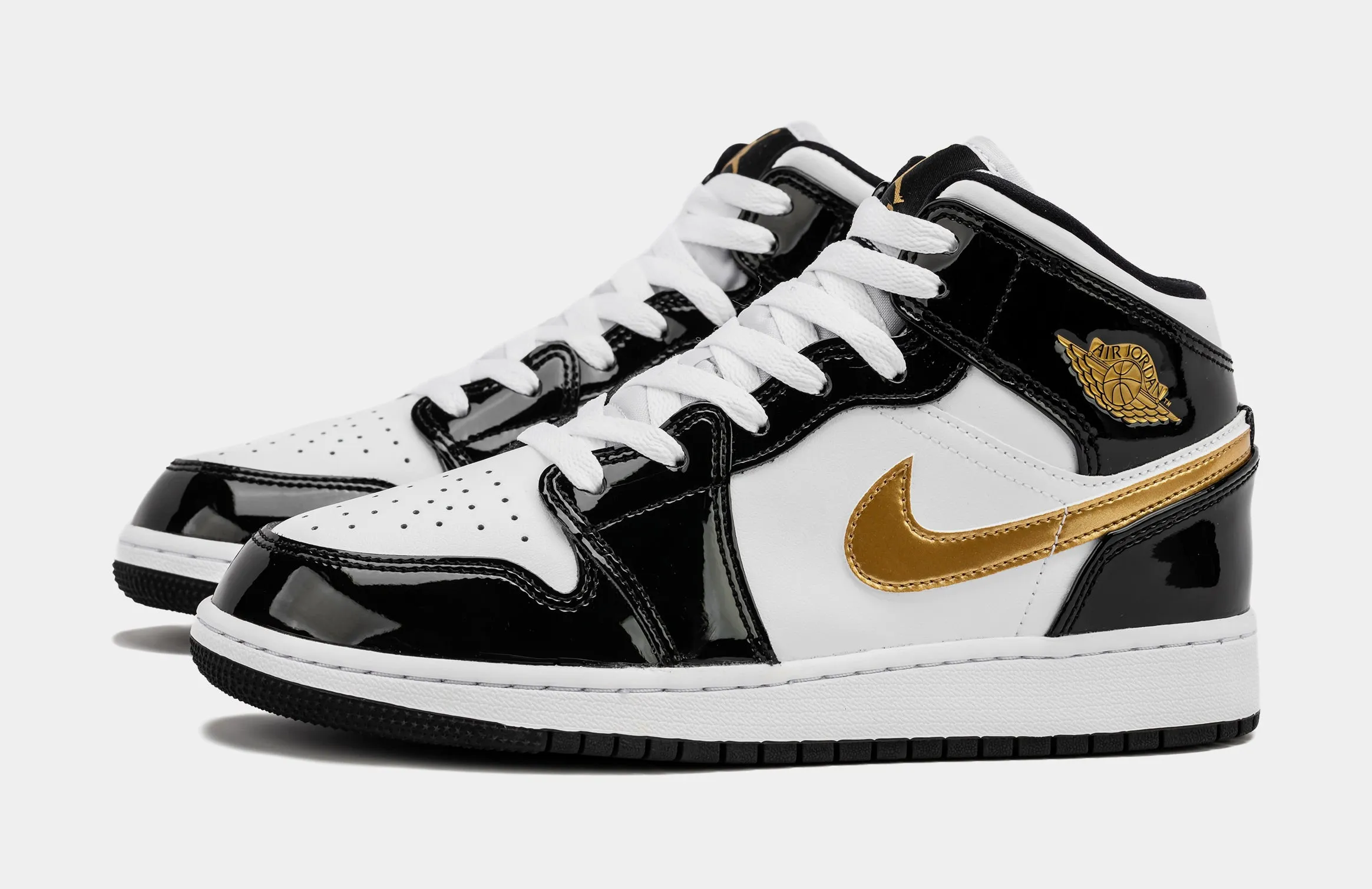 Air Jordan 1 Mid Patent Black Gold SE Shoes (Black/White/Metallic Gold) Grade School Lifestyle