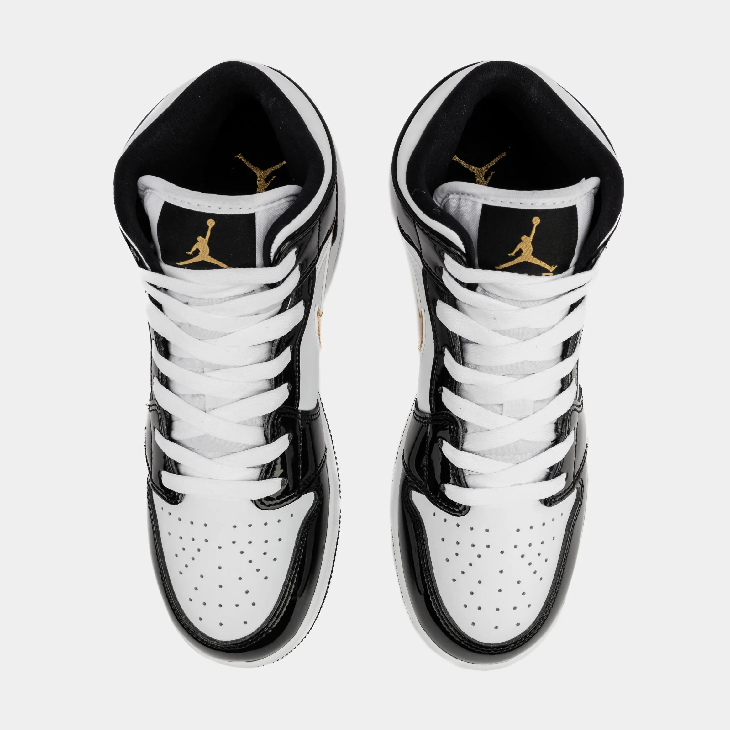 Air Jordan 1 Mid Patent Black Gold SE Shoes (Black/White/Metallic Gold) Grade School Lifestyle