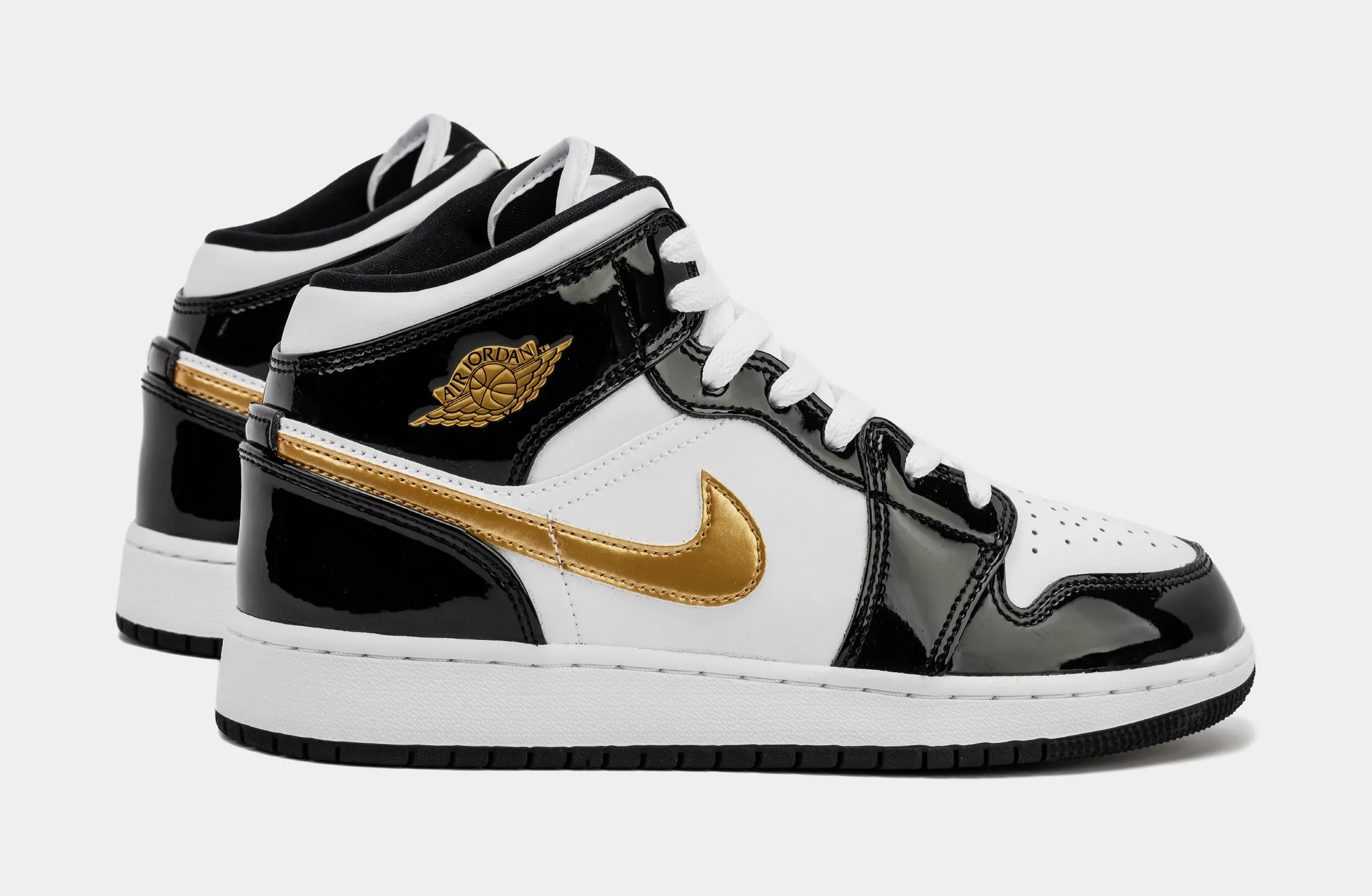 Air Jordan 1 Mid Patent Black Gold SE Shoes (Black/White/Metallic Gold) Grade School Lifestyle