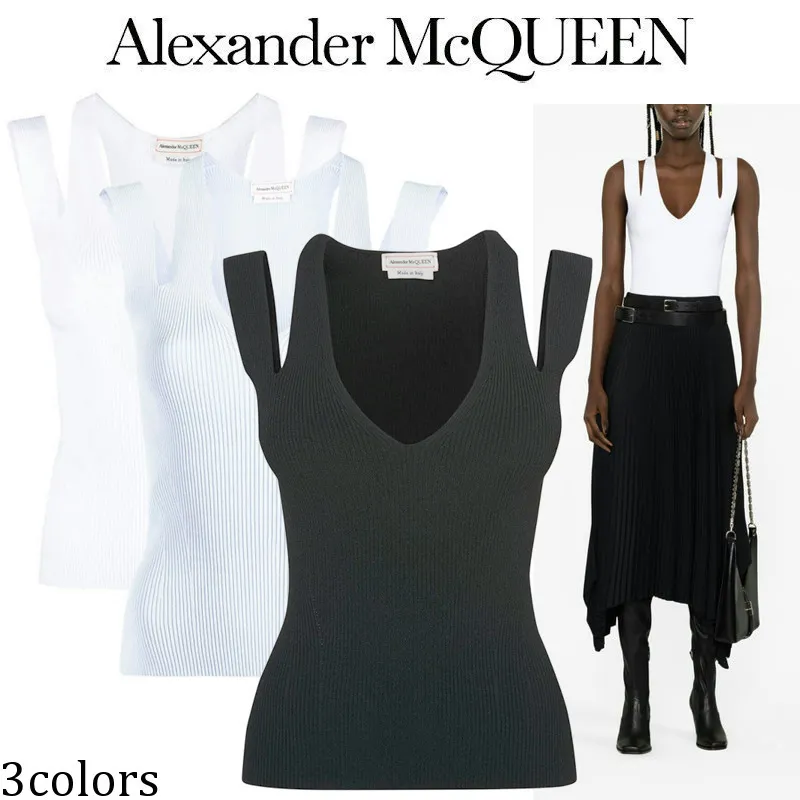 Alexander McQueen | Sleeveless V-Neck Wool Rib Casual Style Plain Dress