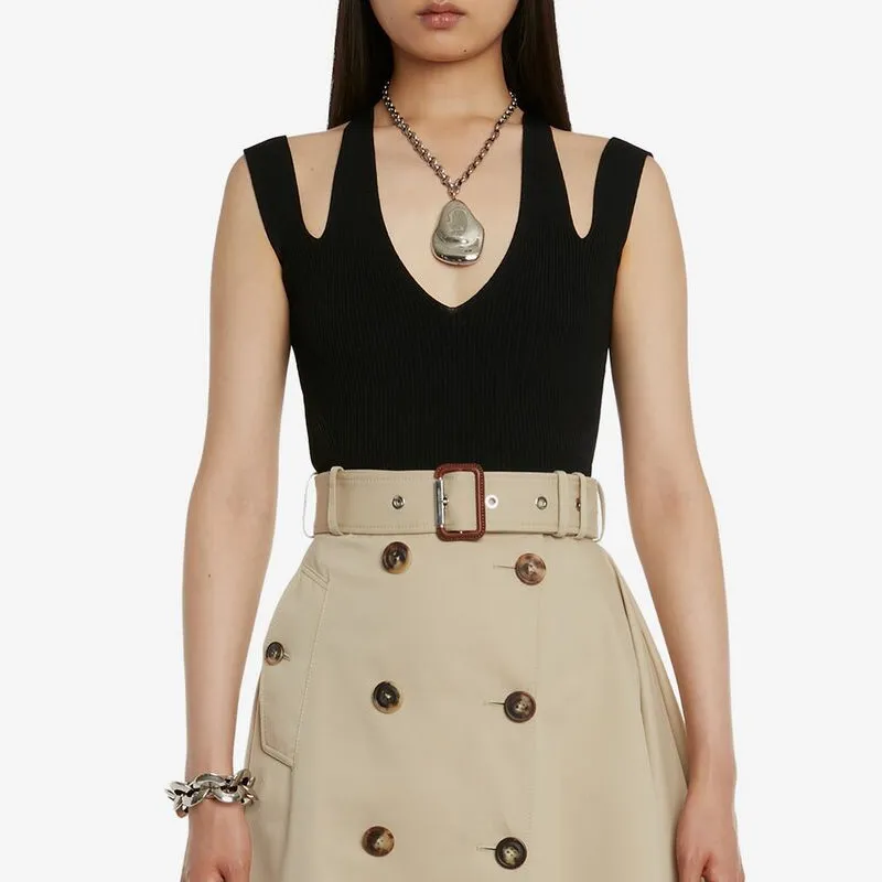 Alexander McQueen | Sleeveless V-Neck Wool Rib Casual Style Plain Dress