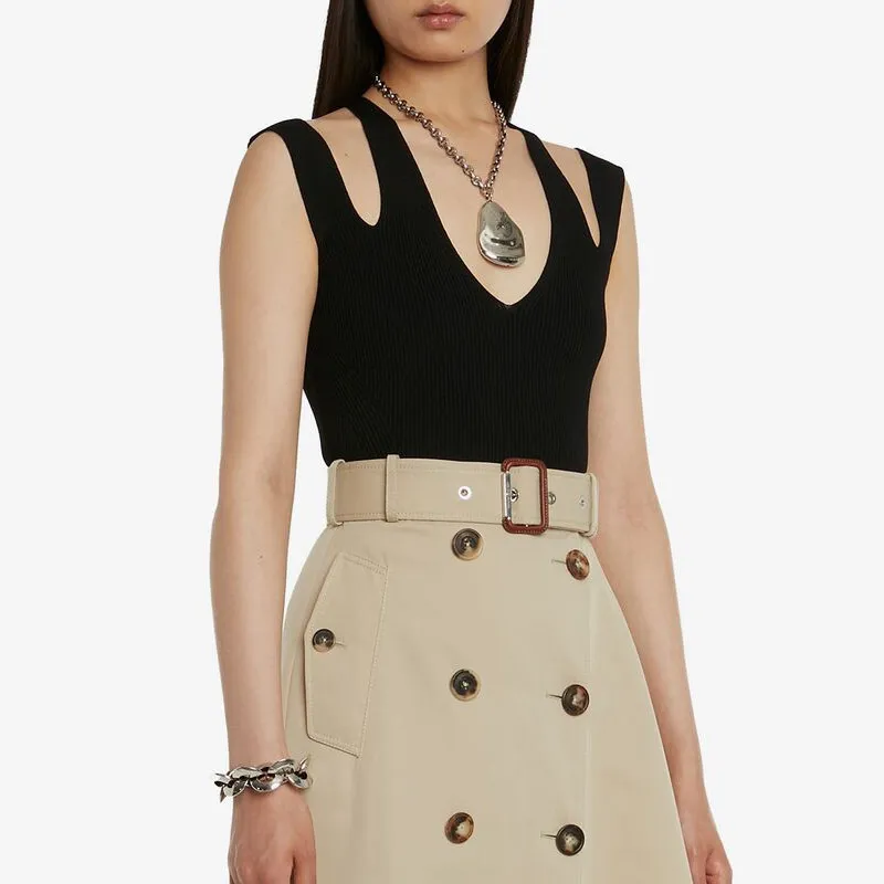 Alexander McQueen | Sleeveless V-Neck Wool Rib Casual Style Plain Dress