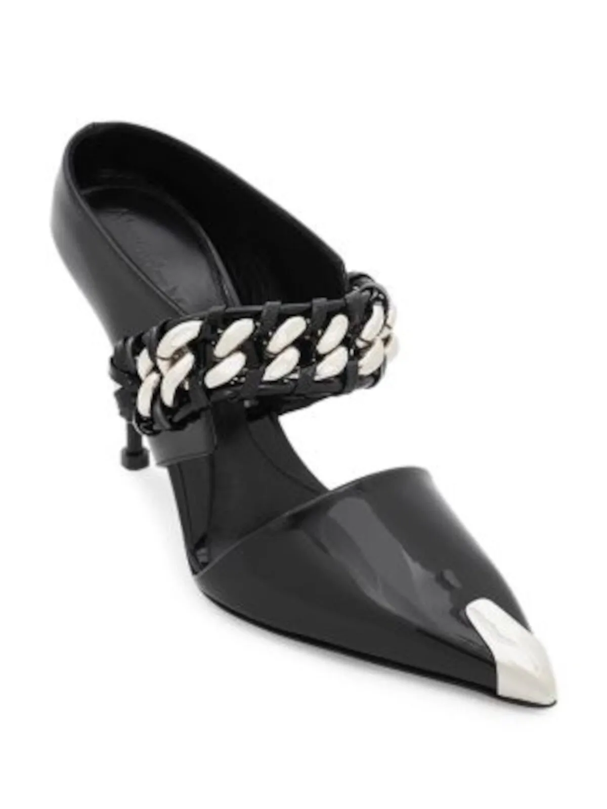 Alexander McQueen black chain accent metal toe cap padded pointed toe stiletto slip-on leather heeled mules shoes for women.