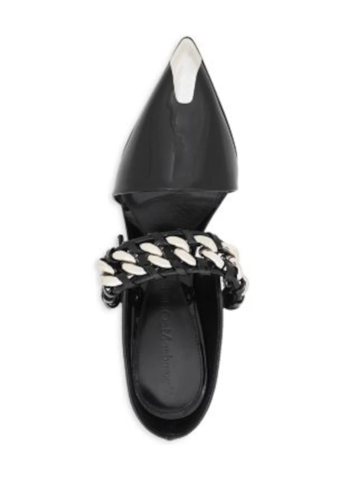 Alexander McQueen black chain accent metal toe cap padded pointed toe stiletto slip-on leather heeled mules shoes for women.