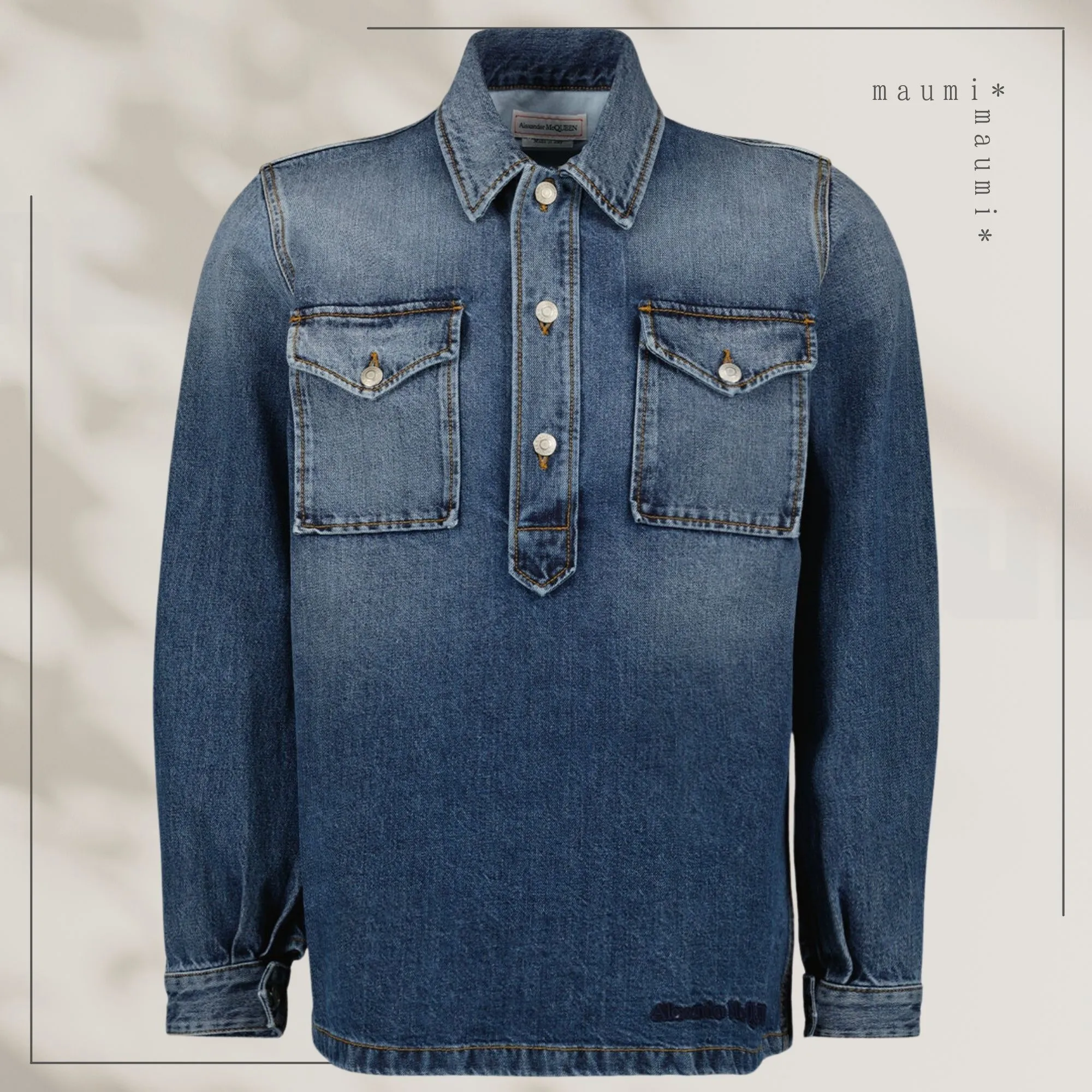 Alexander McQueen denim street style long sleeve cotton logo shirts.