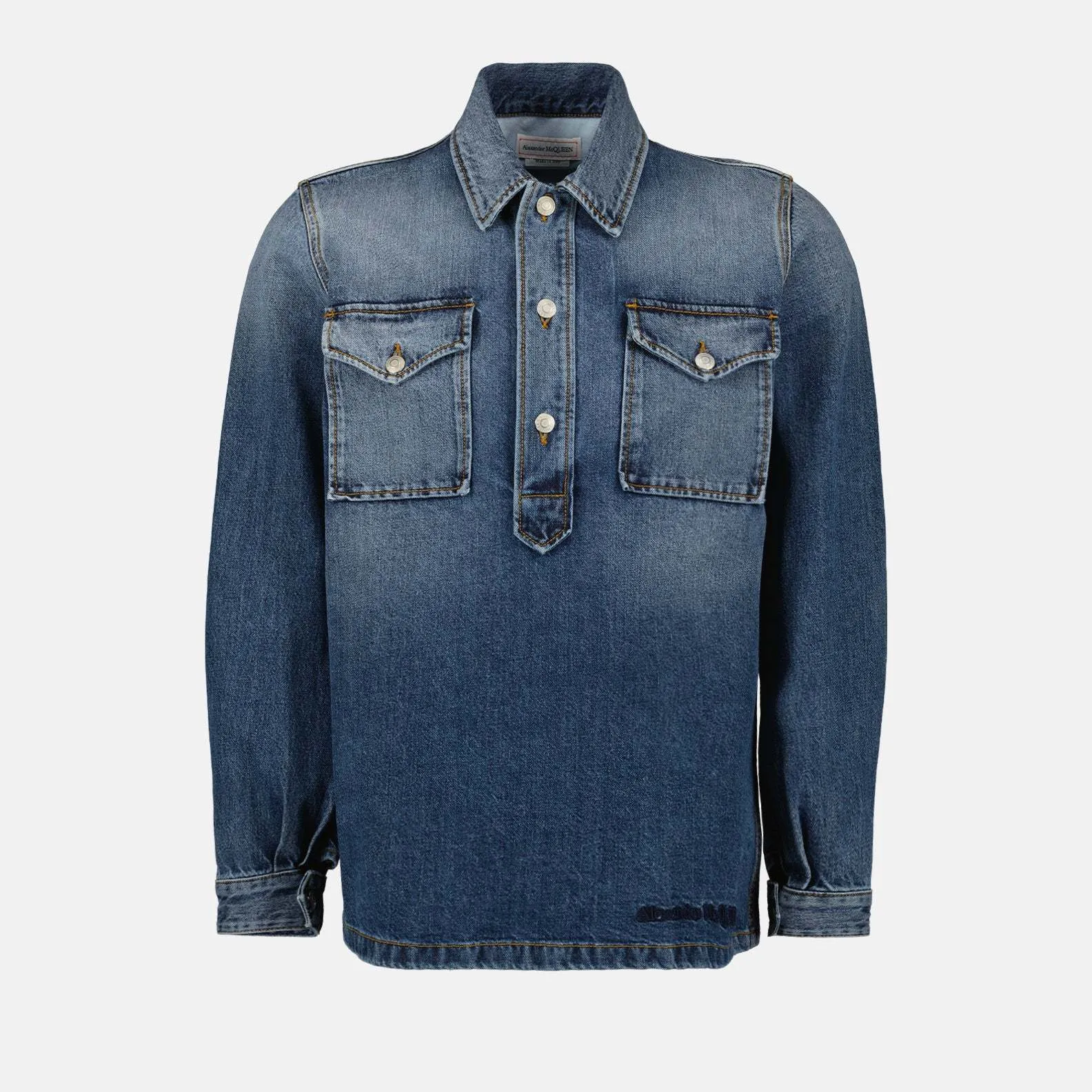 Alexander McQueen denim street style long sleeve cotton logo shirts.