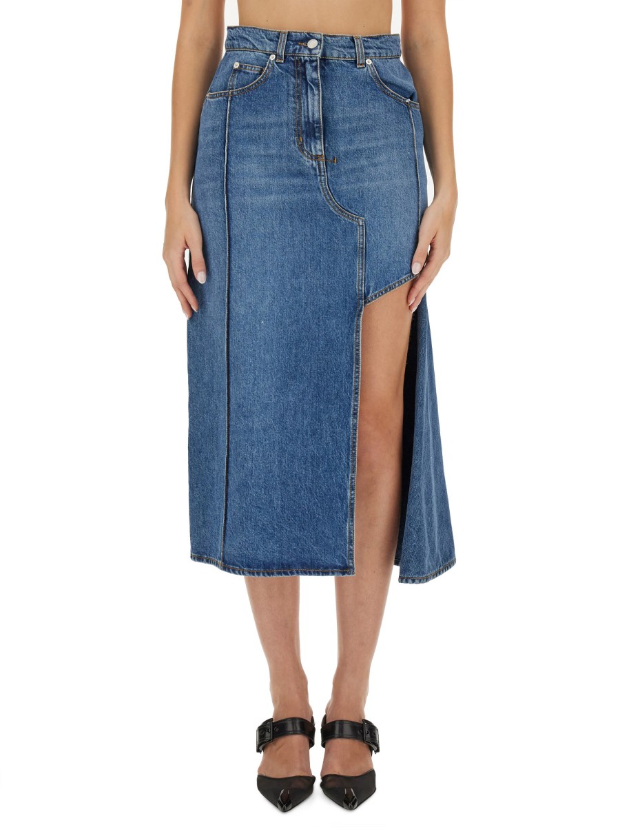 ALEXANDER McQUEEN      GONNA A TUBINO CON CUT-OUT IN DENIM DI COTONE