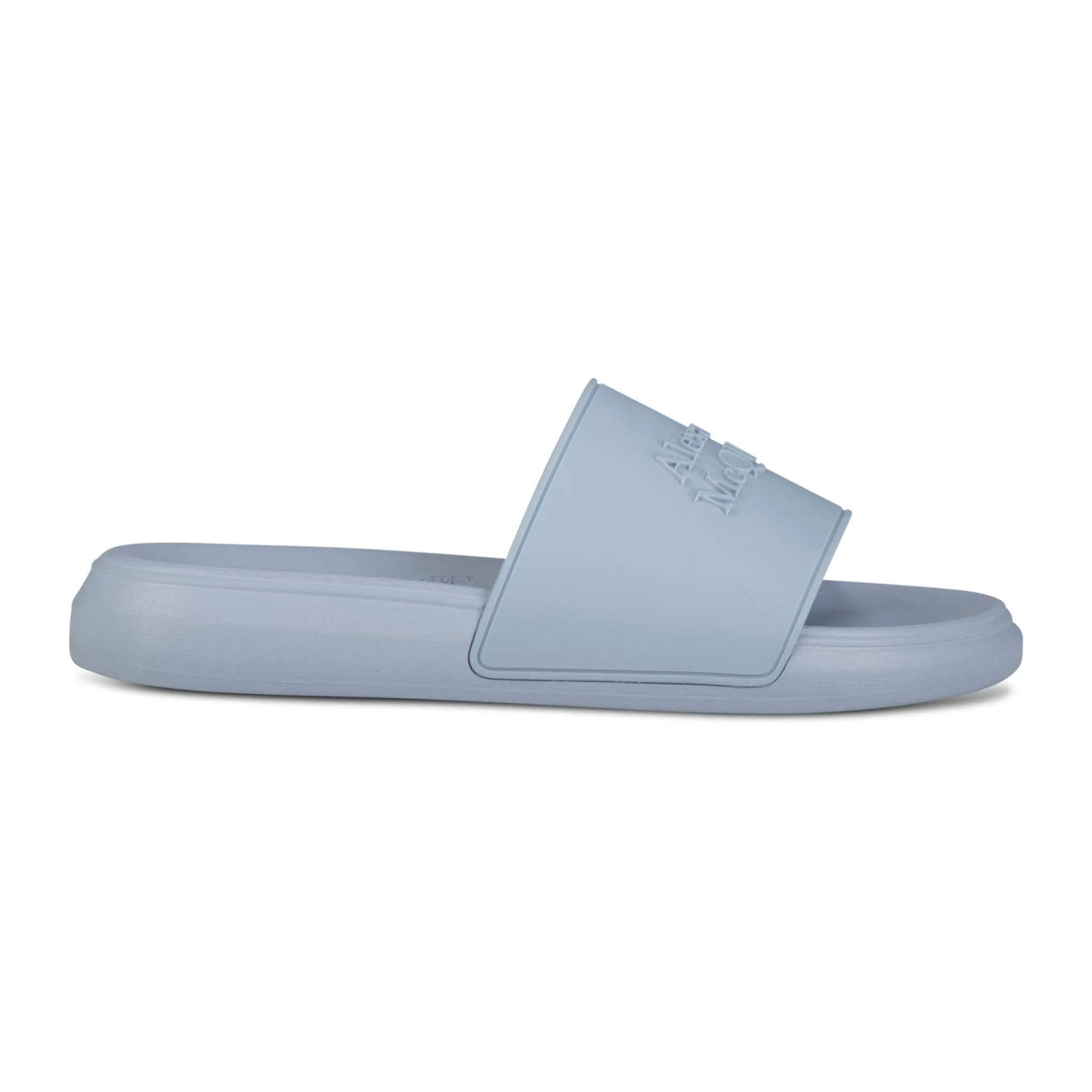 Alexander McQueen rubber slides blue logo embedded.