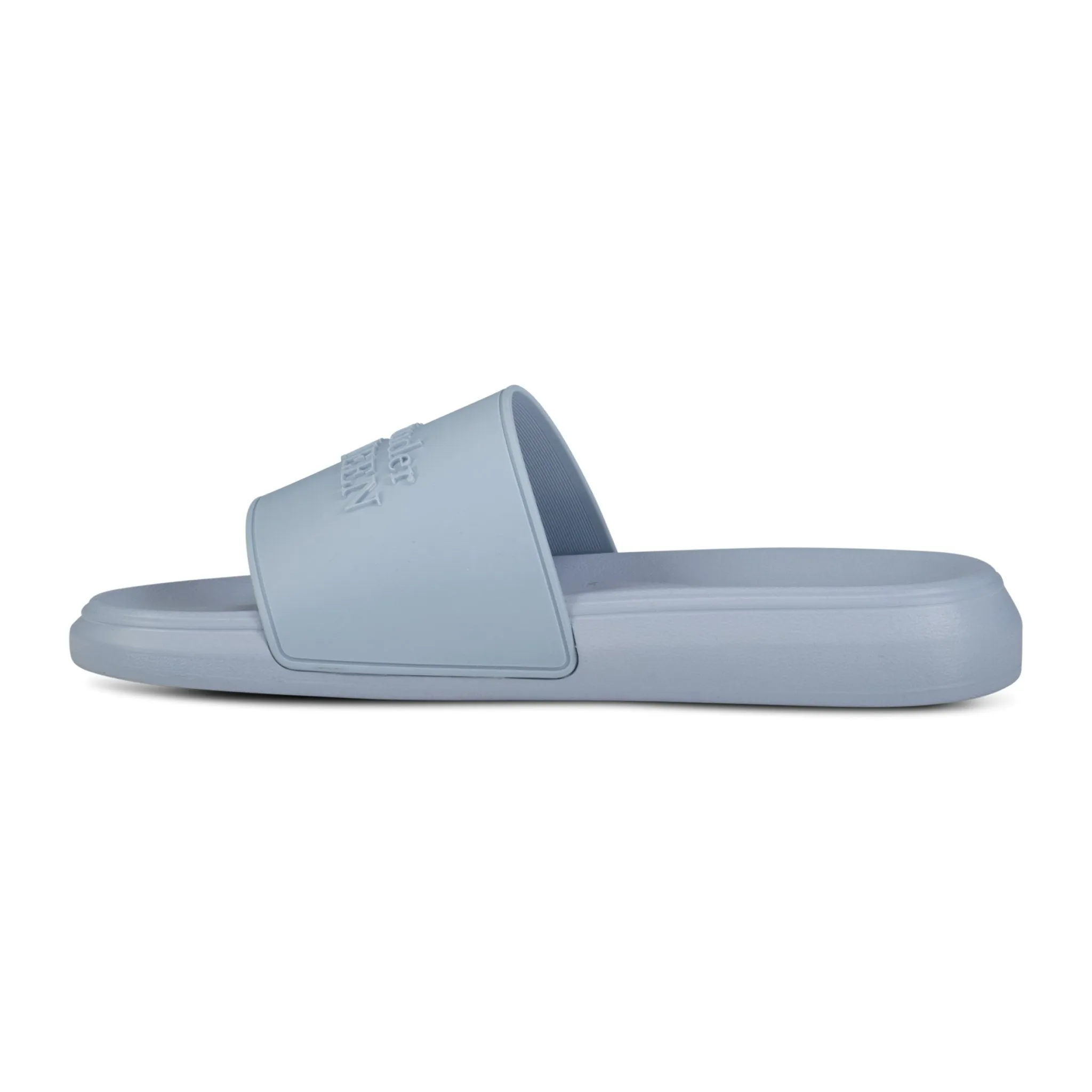 Alexander McQueen rubber slides blue logo embedded.