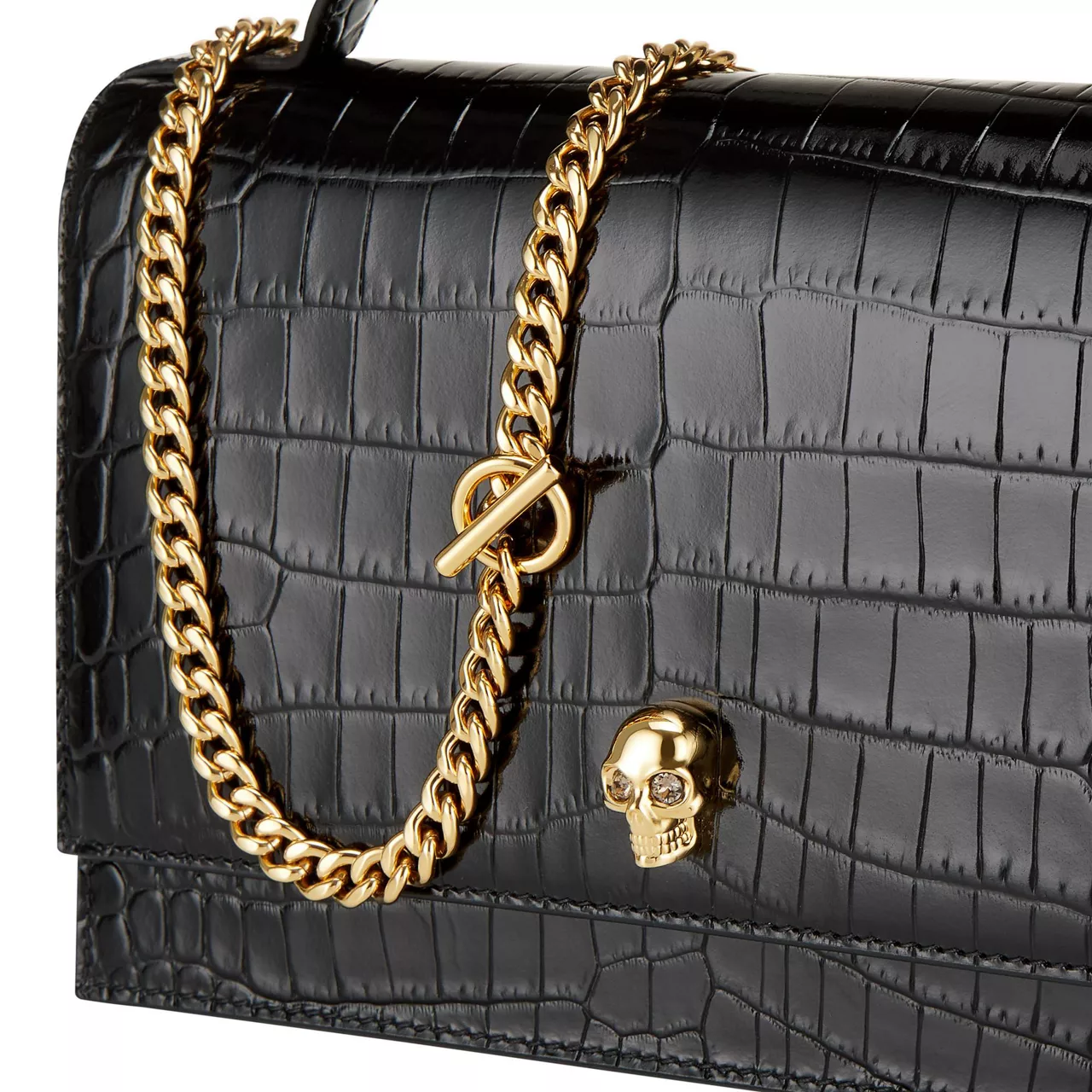 ALEXANDER MCQUEEN Skull Croc-Embossed Top Handle Bag - Black