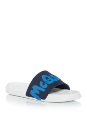 ALEXANDER MCQUEEN Women's Navy Colorblocked Stripe Slide Sandals with Debossed Logo and Platform Sole