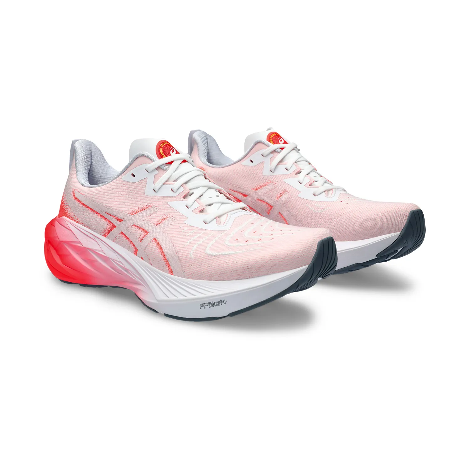 Asics Novablast 4 White Sunrise Red sneakers.