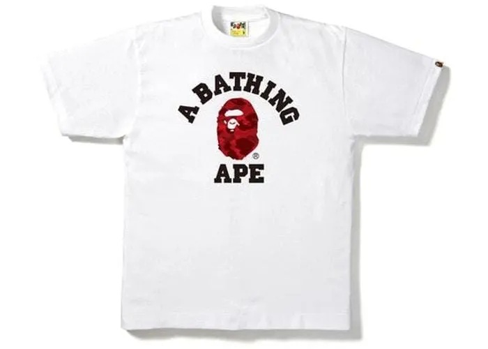 BAPE white and red college tee with camo design.