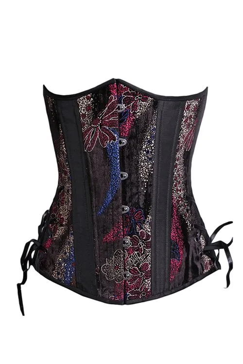 Black Iris Pink and Blue Floral Long Under Bust Corset