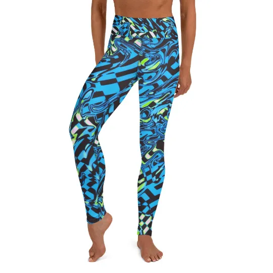 Blue Checkered High-Waisted Yoga Leggings