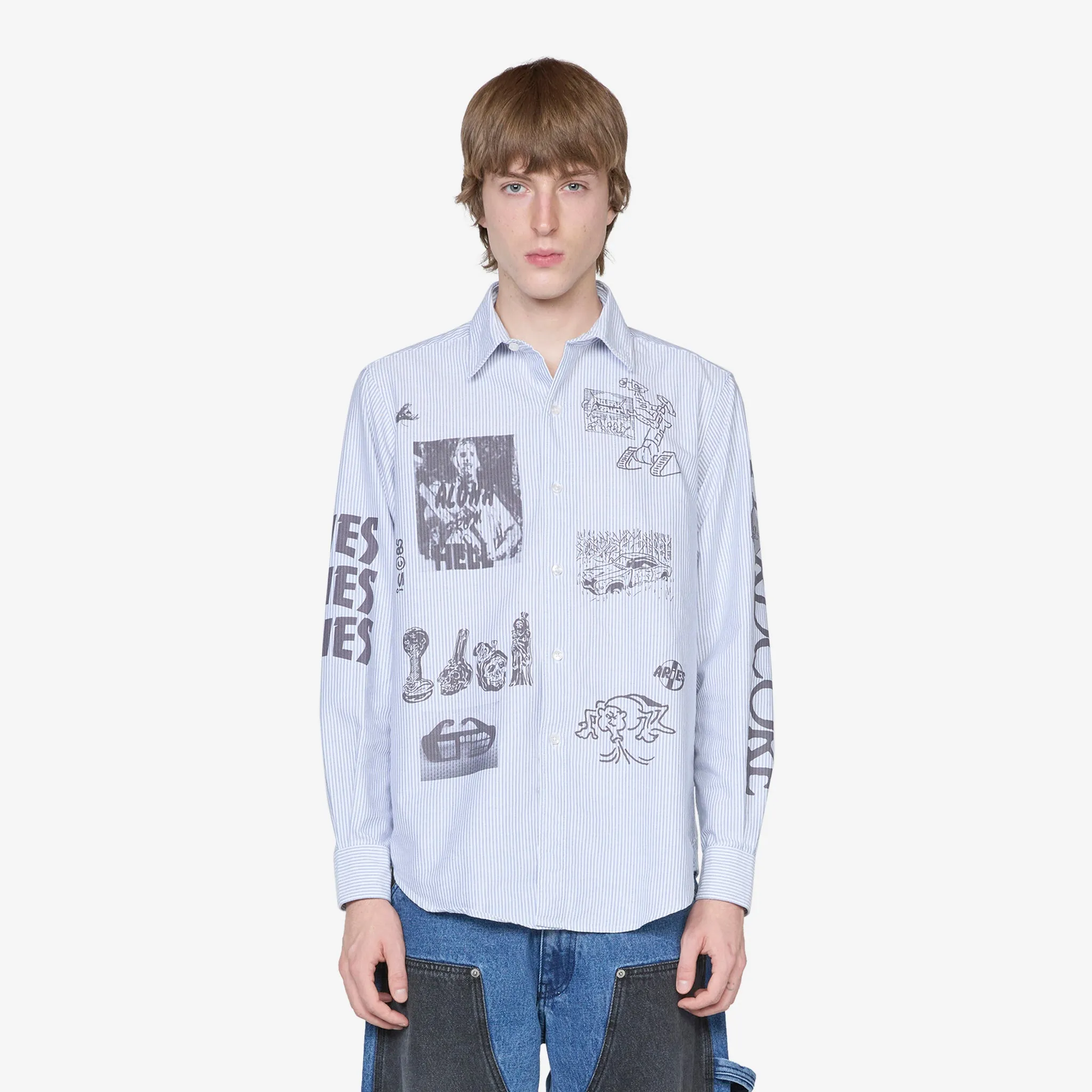 Blue Oxford Shirt with Overprinted Graphics