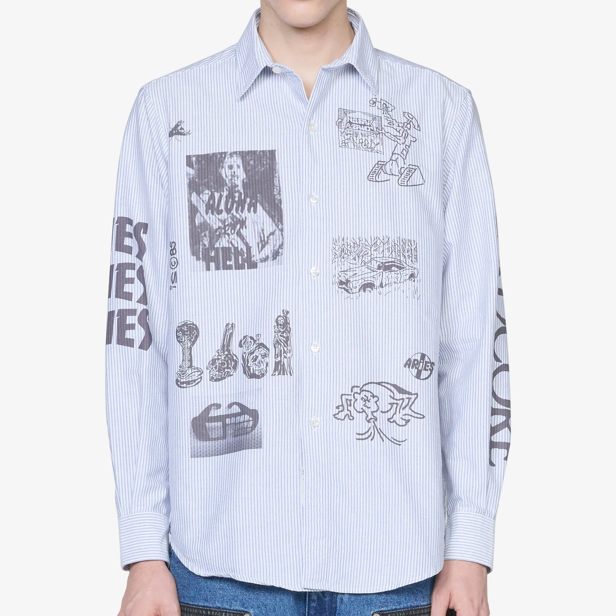 Blue Oxford Shirt with Overprinted Graphics