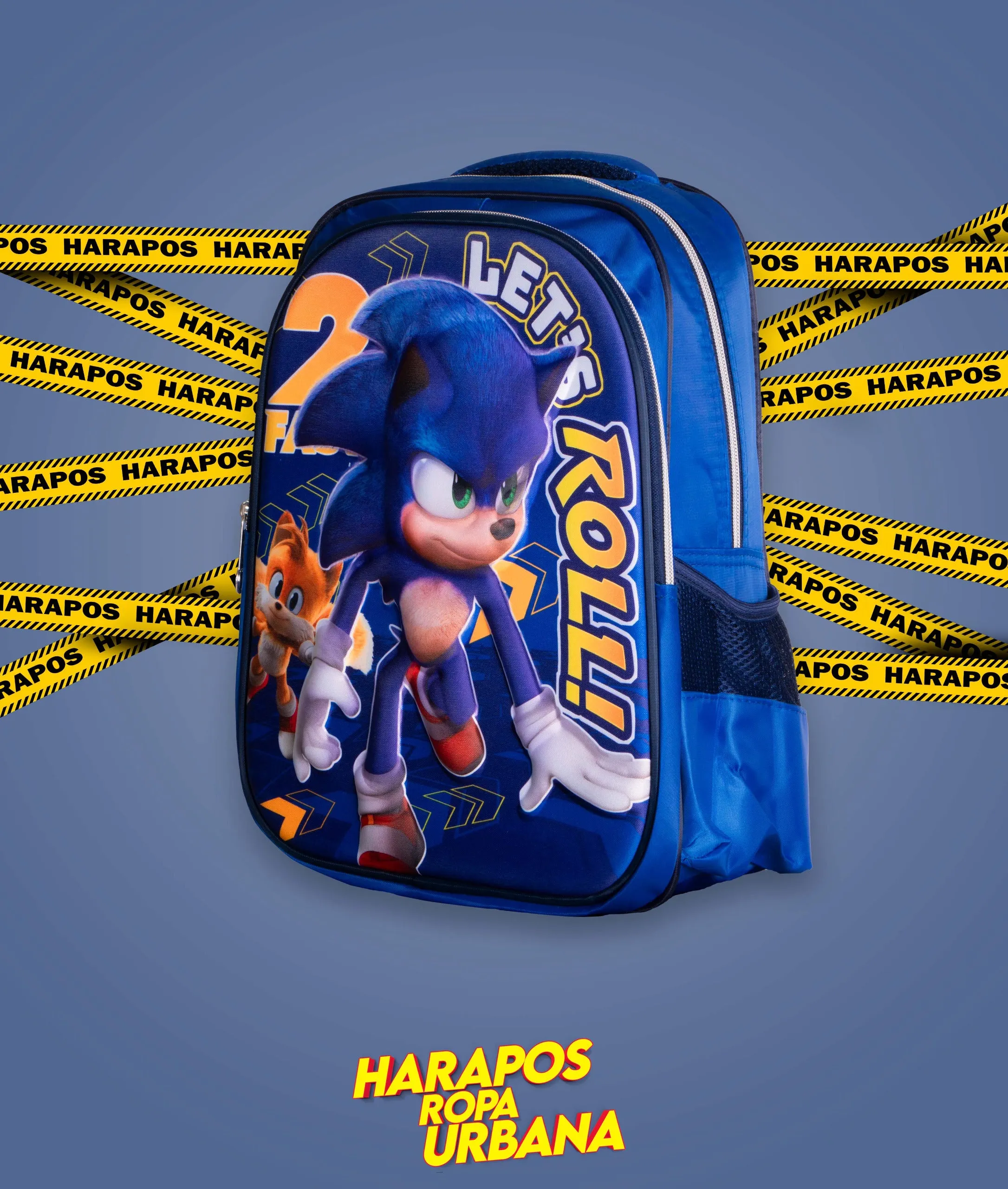 Blue Sonic children's backpack, small, with raised blue pattern.