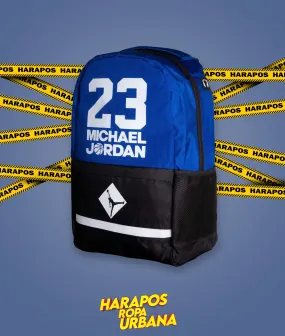 Blue/black backpack Michael Jordan, white letters and line.