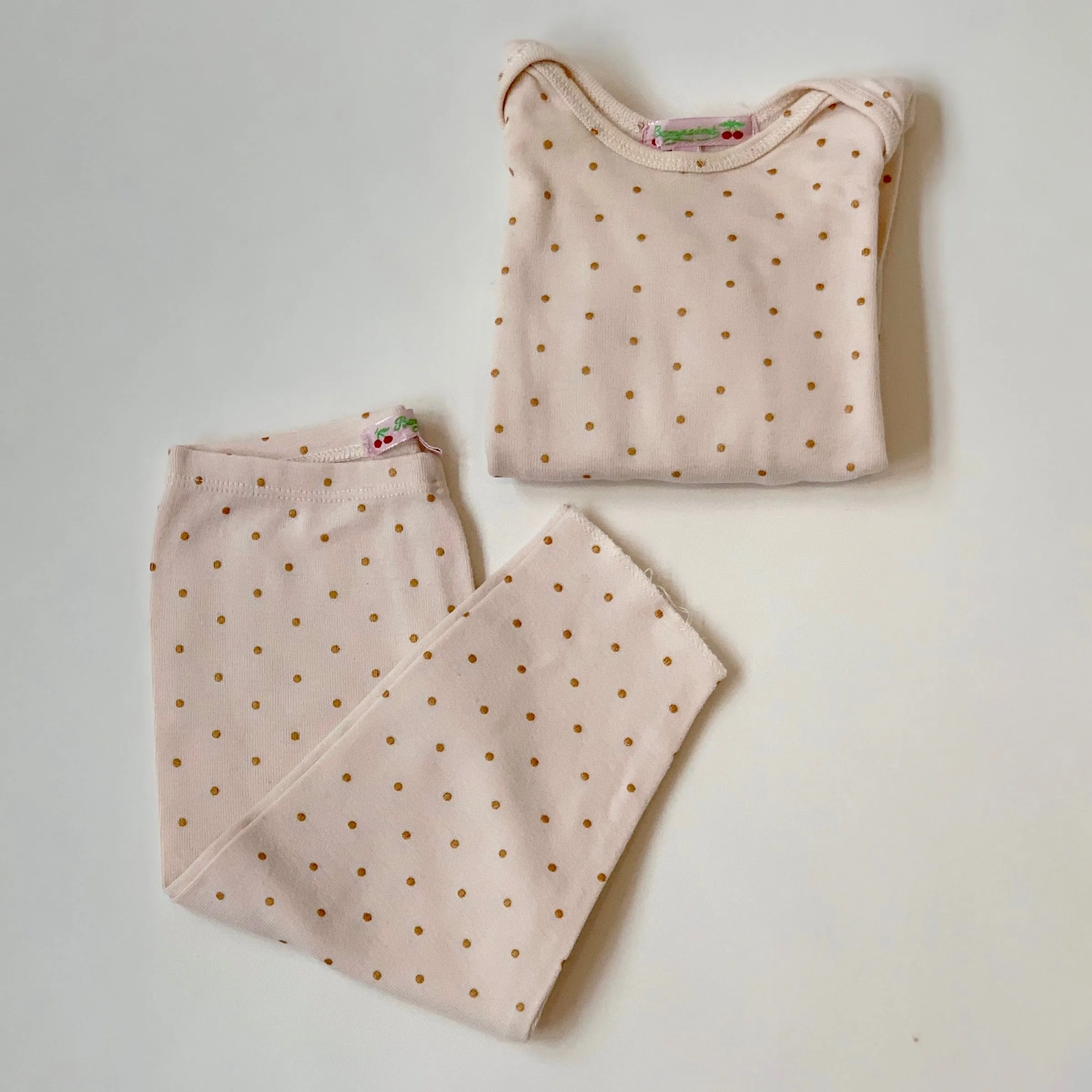 Bonpoint Cream and Gold Polka Dot Cotton Top and Leggings Set, Size 6 Months