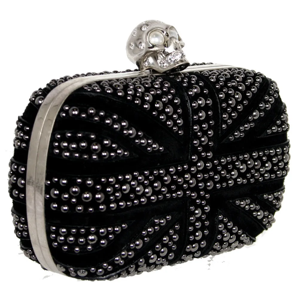 Britannia Studded Box Clutch, Black Silver