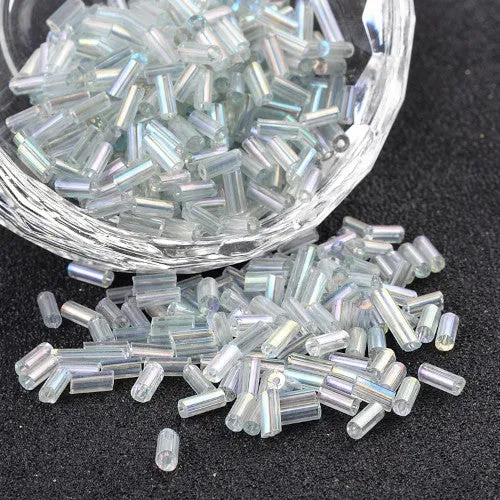 Bugle Beads, Glass, Transparent, Rainbow, Plated, Clear, 4.6-5mm