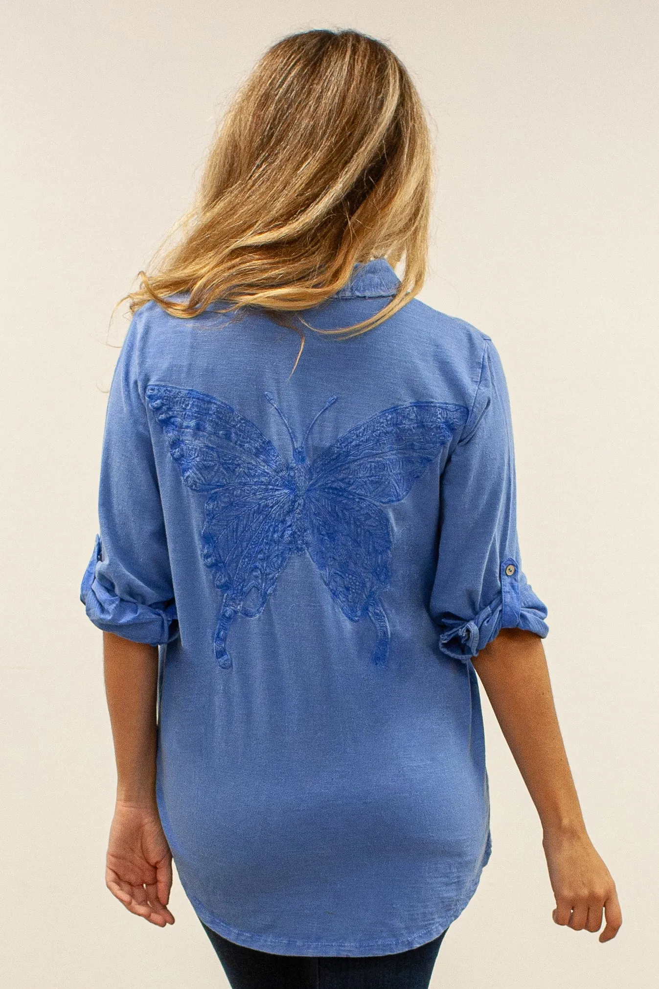 Caite Bea shirt, embroidered tonal butterfly