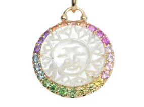 Carved Mother of Pearl Sun and Moon Face Disk Pendant with Rainbow Gemstone Halo 9K Yellow Gold R4172