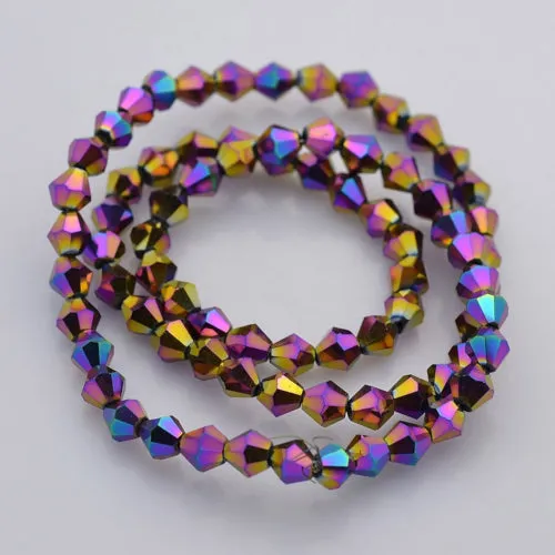 Crystal Glass Beads, Bicone, Top Drilled, Faceted, Electroplated, Indigo, Rainbow, 4mm