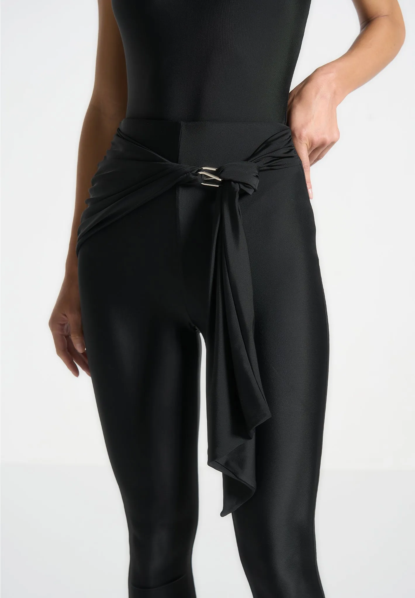 Draped Hardware Detail Leggings - Black