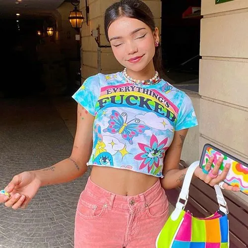 Fashion Colored Rainbow Butterfly Printing  Short Length T-shirt Wholesale