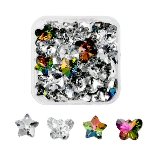 Glass Charms, Butterflies & Stars, Faceted, Foil Back, Clear & Rainbow, AB, 12-13mm