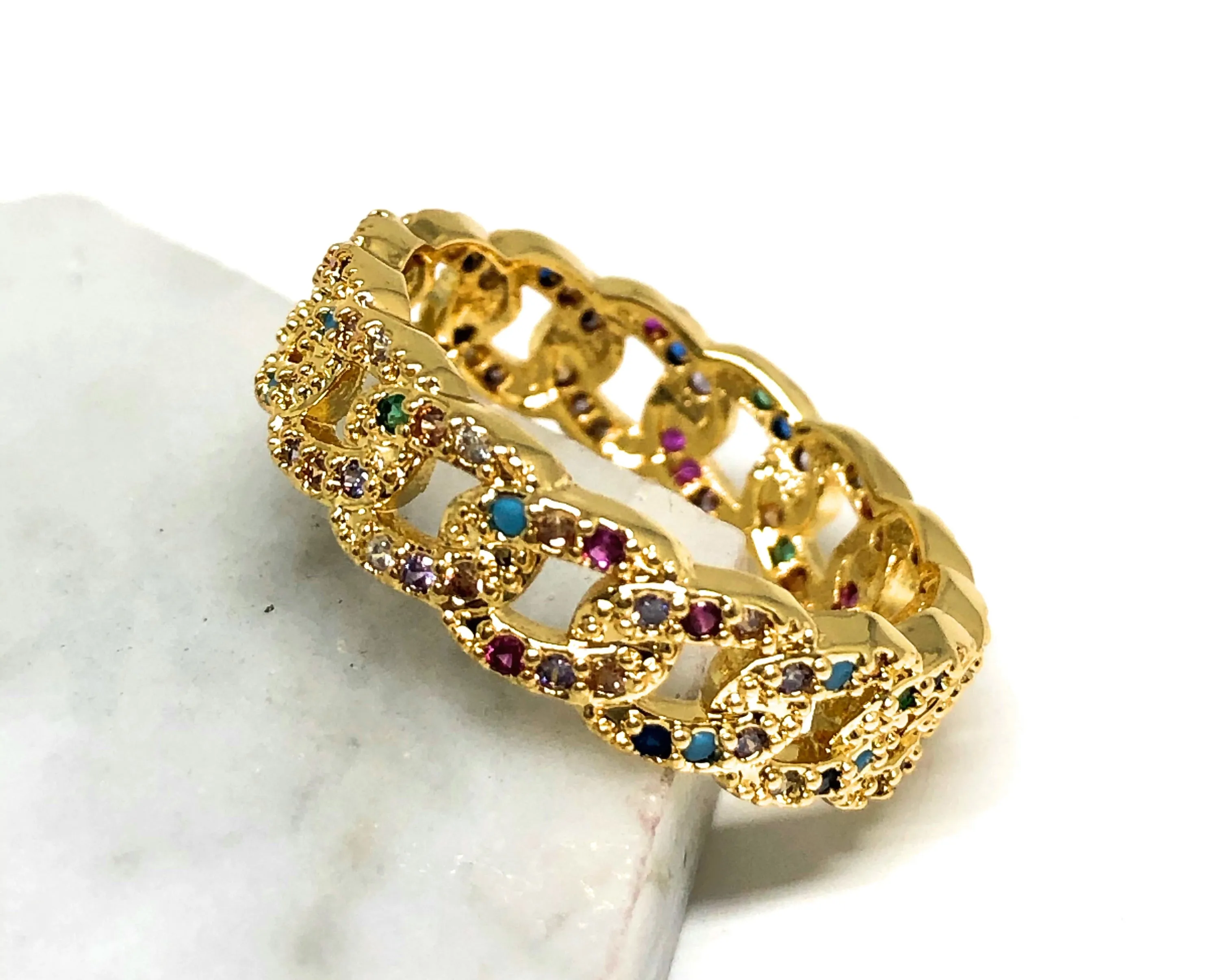 Gold Plated Rainbow Colorful Stone Cuban Link Style Ring Anillo