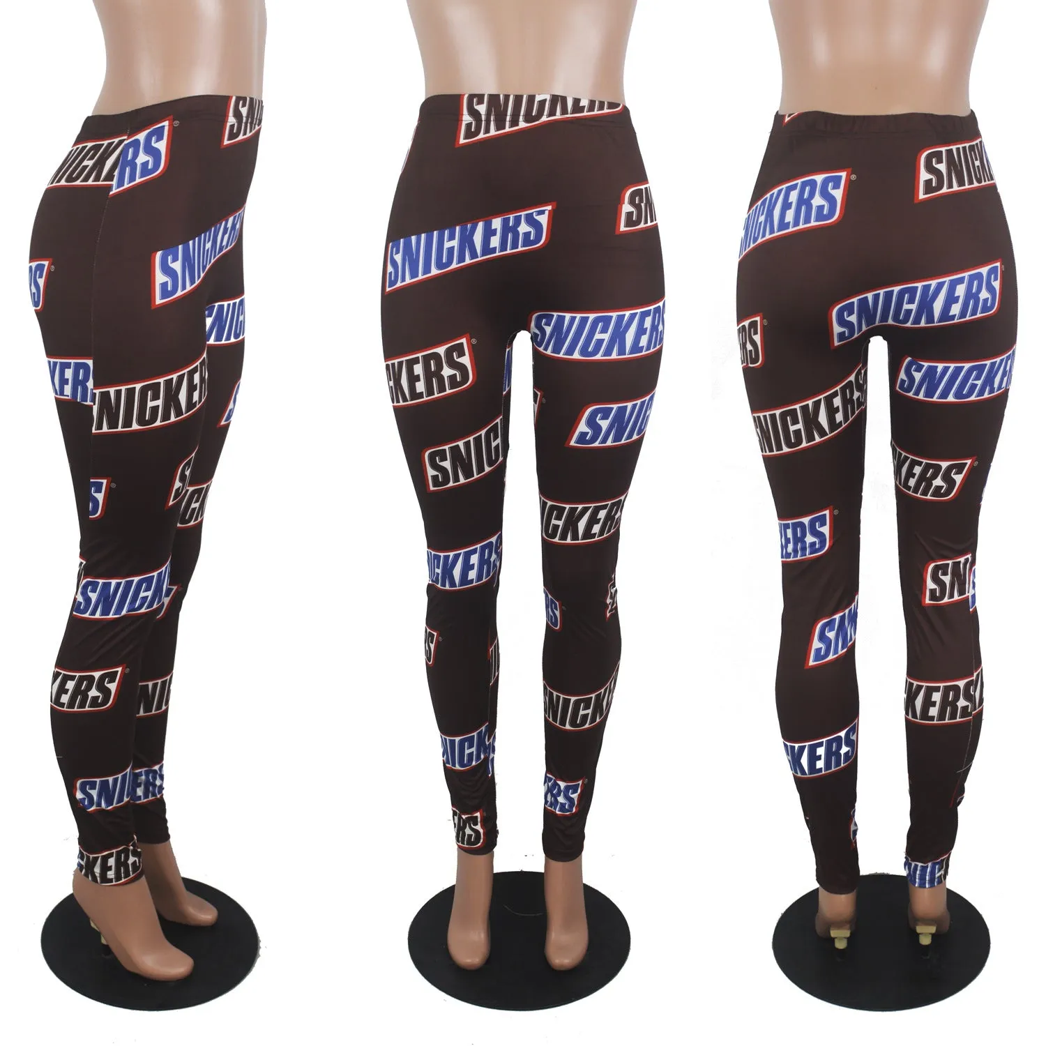 High waisted plus size leggings with Snickers KitKat print, ideal for sports and fitness. American clothing. Size L.