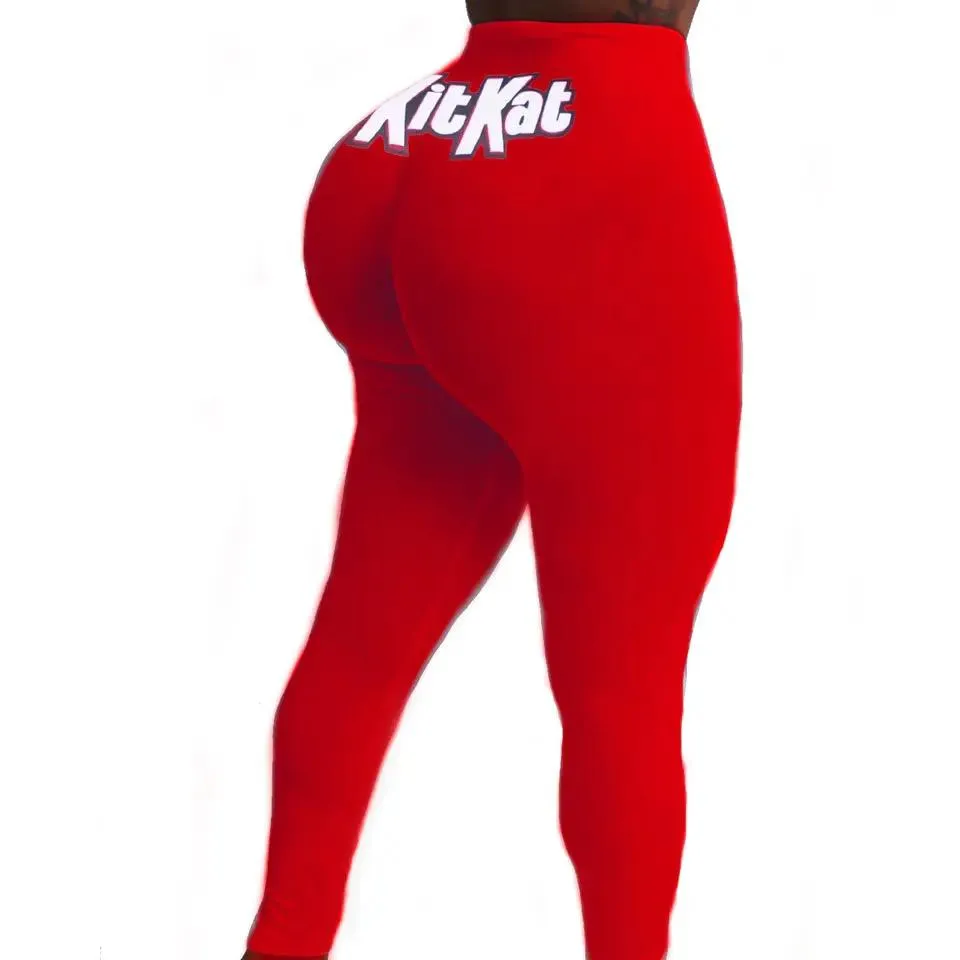 High waisted plus size leggings with Snickers KitKat print, ideal for sports and fitness. American clothing. Size L.