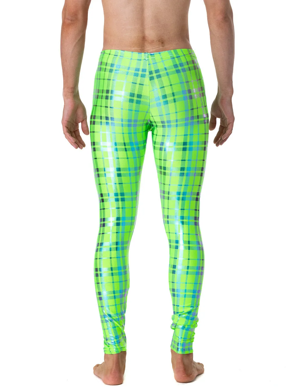 Holographic Green & Blue Plaid Men's Leggings - Shop Now!