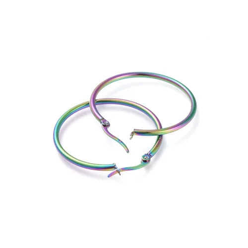 Hoop Earring Findings, 304 Stainless Steel, Hypoallergenic, With Latch-Back Closure, Rainbow, 35-36mm