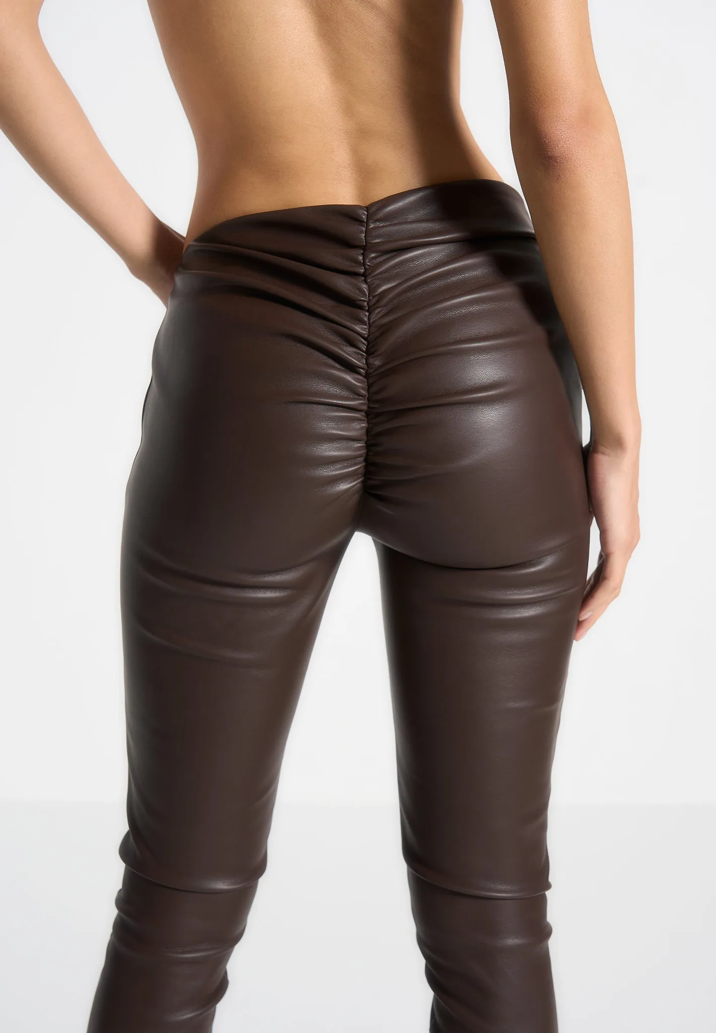 Leather Angled Waistband Leggings - Brown