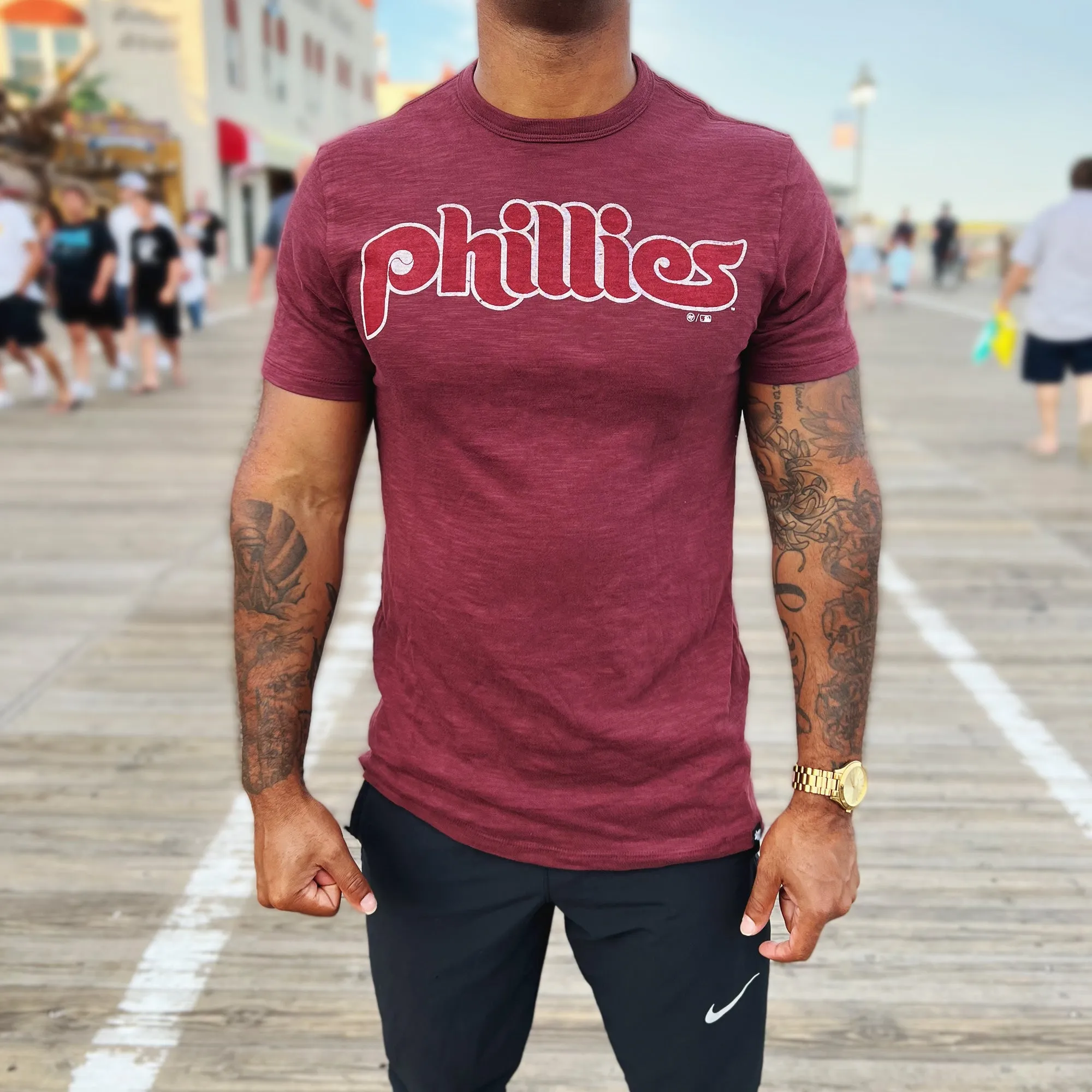 Maroon Philadelphia Phillies Retro MLB T-Shirt | Cooperstown Phillies Wordmark - Official Store