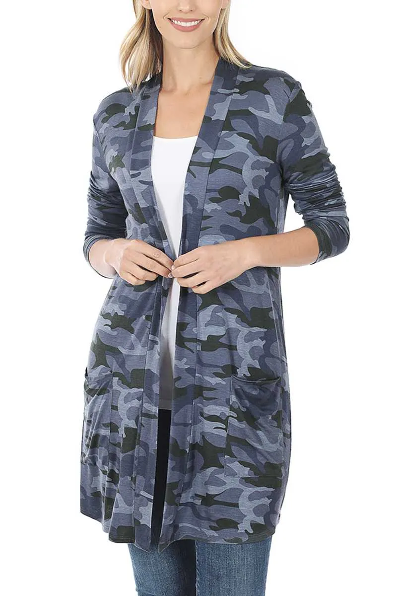 Navy Camouflage Mid-Thigh Length Open Cardigan