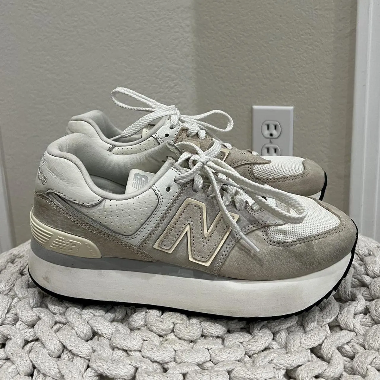 New Balance Women's Tan and White Trainers