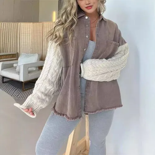 New Loose Stitching Sweater Sleeve Denim Woolen Women's Coat