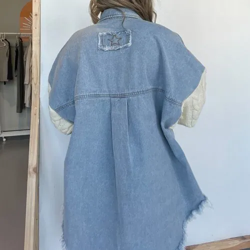 New Loose Stitching Sweater Sleeve Denim Woolen Women's Coat