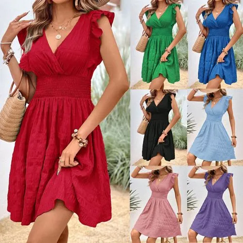 New V-neck Pleated Dress Slim-fit Slim  Style