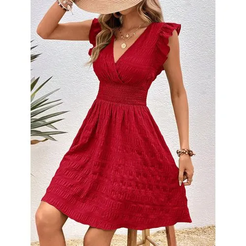 New V-neck Pleated Dress Slim-fit Slim  Style