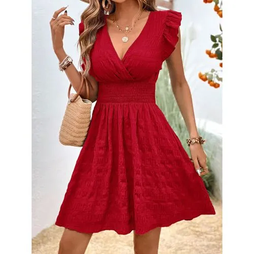 New V-neck Pleated Dress Slim-fit Slim  Style