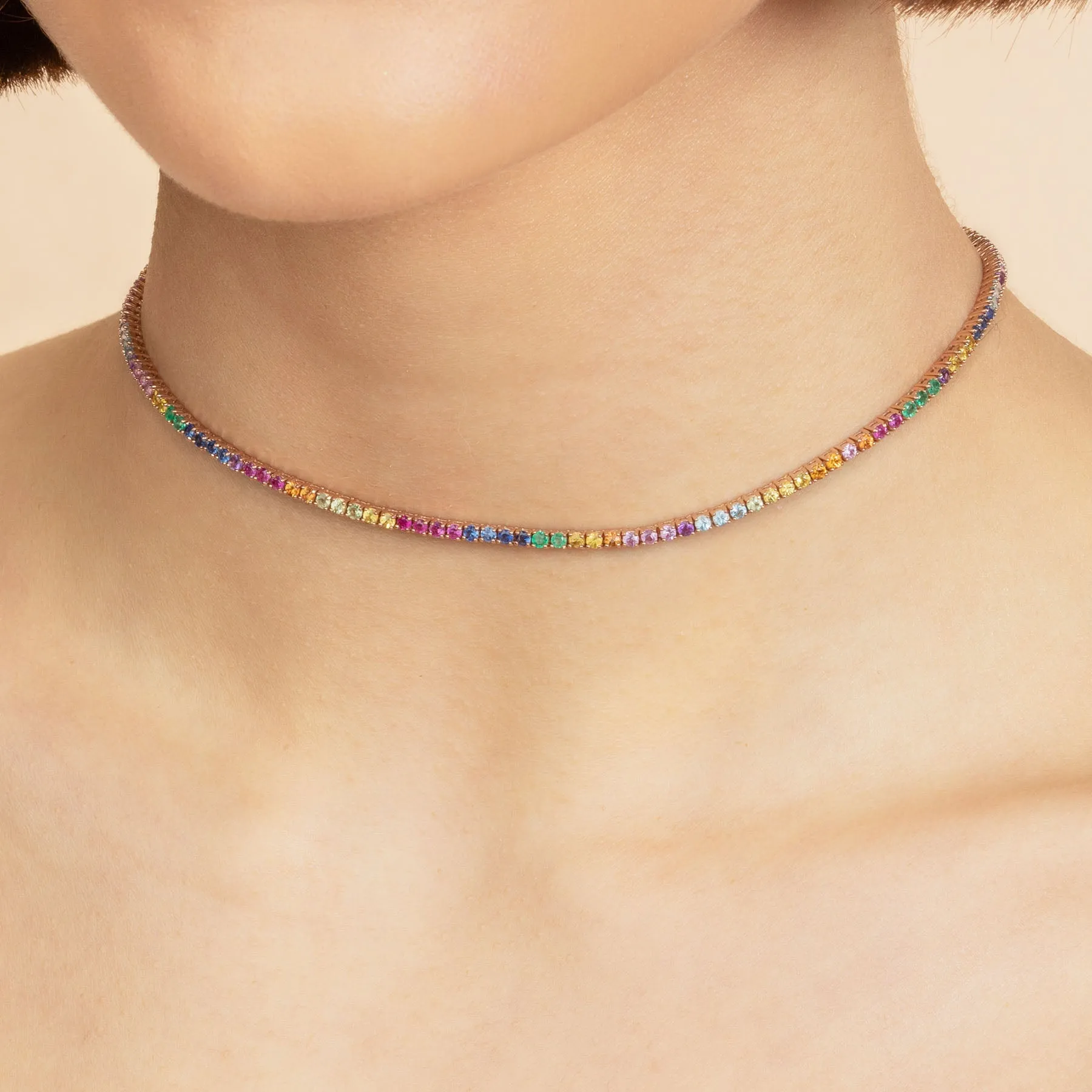 Perfect Personalized Collar Tennis Necklace - Rainbow / 14k Rose Gold